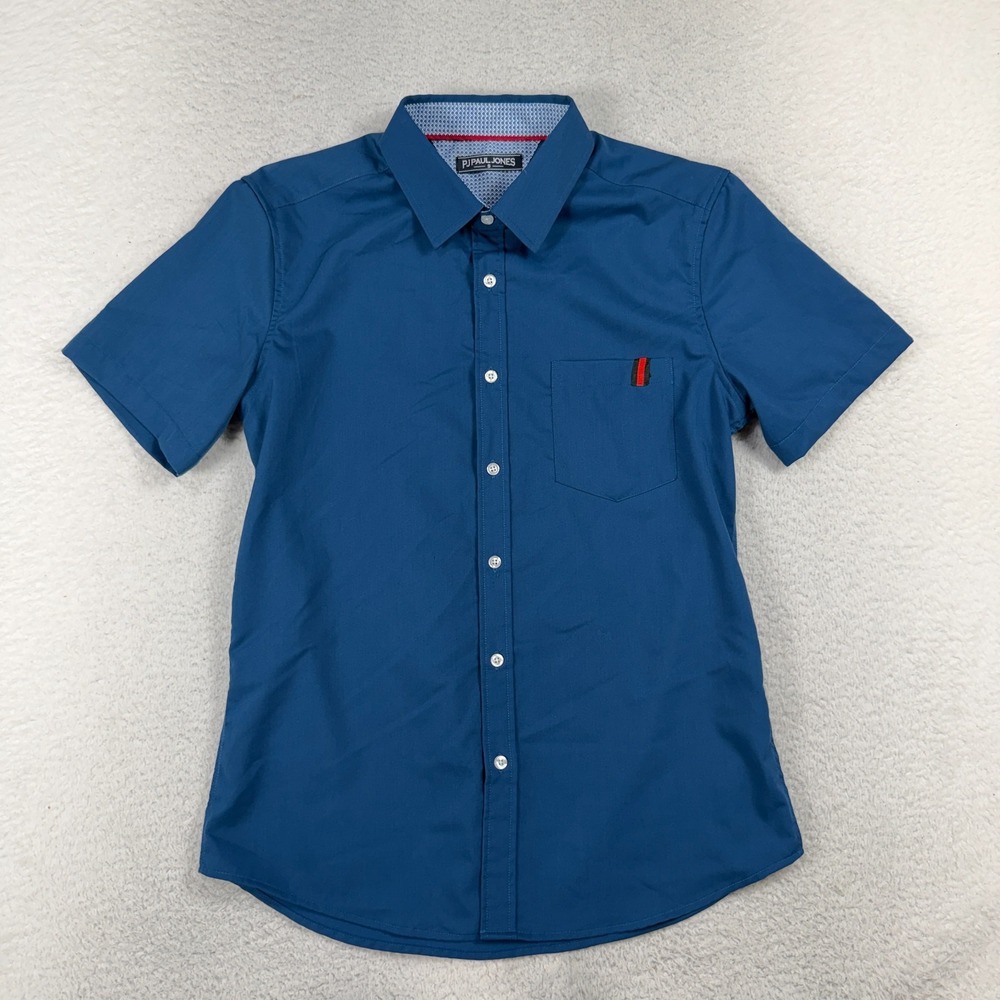 PJ Paul Jones Men's Small Blue With Red Stripe Button Up Stretch Breathable EUC
